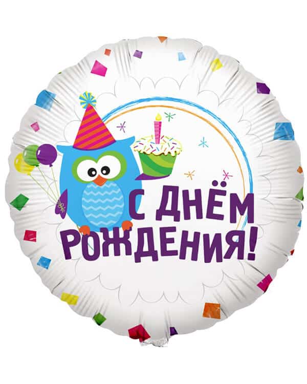 116091HV_Шар_(18_46_см)_Круг_С_Днем_Рождения!_(сова_с_капкейком)_1_шт Круг С Днем Рождения! (сова с капкейком) — изображение 1
